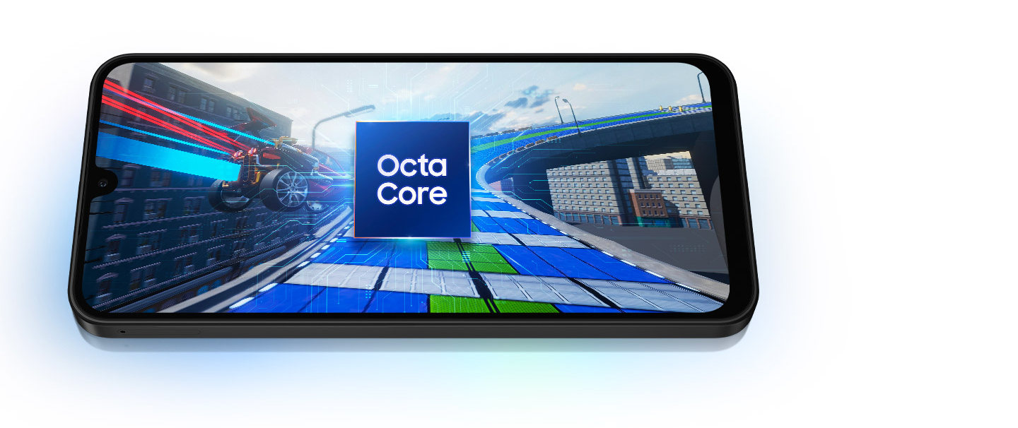 Vemos um Galaxy A26 5G exibindo um viaduto na cidade. Uma motocicleta entra rapidamente pela esquerda da tela, avançando em direção ao viaduto. No centro da tela, um cubo exibe o texto Octa-Core.