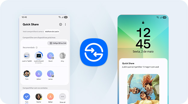O smartphone à esquerda mostra uma lista de arquivos e contatos disponíveis para compartilhamento, enquanto o smartphone à direita exibe uma notificação de transferência via Quick Share, com uma prévia das imagens compartilhadas e o ícone Quick Share centralizado na tela.
