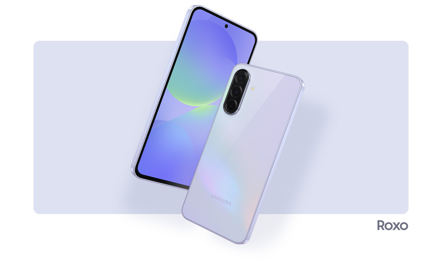 Dois aparelhos Galaxy A36 5G na cor Oliva. Um exibe a parte frontal com um gráfico abstrato na tela, enquanto o outro mostra o layout da câmera e a parte traseira.