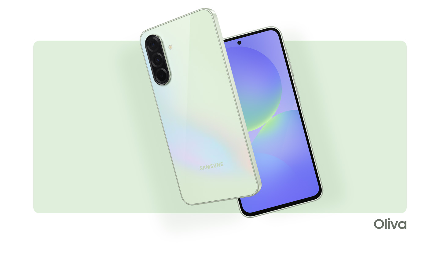 Dois aparelhos Galaxy A36 5G na cor Verde. Um exibe a parte frontal com um gráfico abstrato na tela, enquanto o outro mostra o layout da câmera e a parte traseira.
