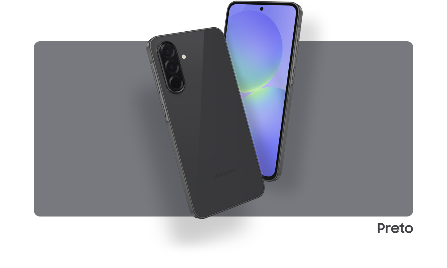 Dois aparelhos Galaxy A36 5G na cor Preta. Um exibe a parte frontal com um gráfico abstrato na tela, enquanto o outro mostra o layout da câmera e a parte traseira.