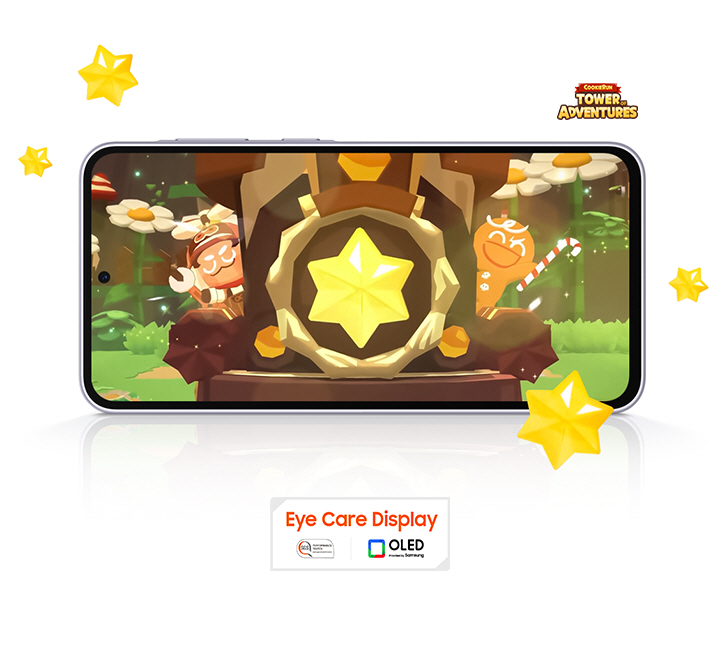 Vemos um Galaxy A36 5G posicionado horizontalmente com o jogo Cookie Run: Tower of Adventures na tela. Ícones de itens do jogo aparecem ao redor da tela. O logotipo do jogo aparece no canto superior direito. Texto "Eye Care Display", selo de desempenho SGS e logotipo da tecnologia OLED aparecem na parte inferior.