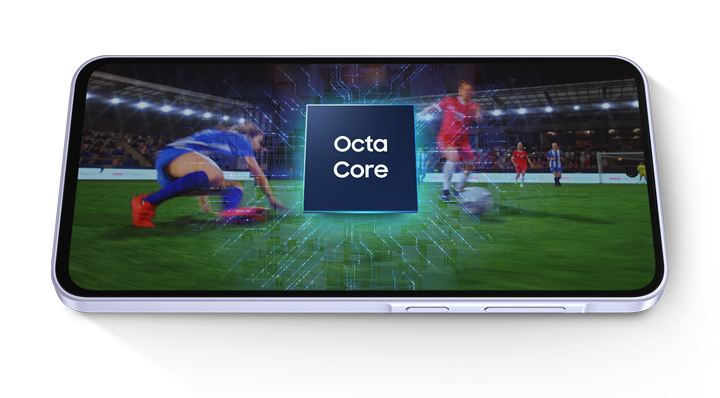 Vemos um Galaxy A36 5G posicionado horizontalmente exibe uma partida de futebol na tela. Acima, o texto "Processador octa-core".