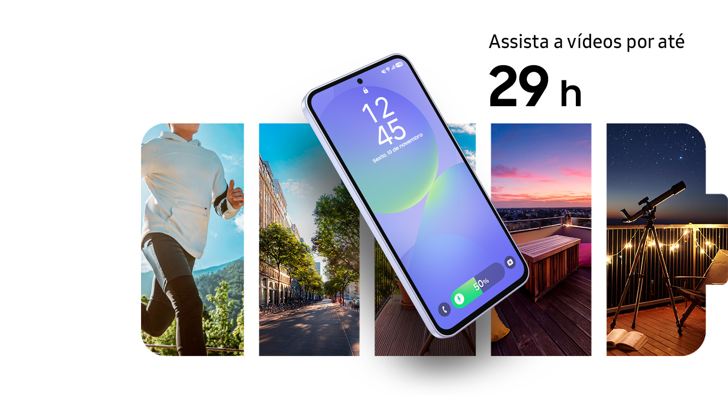 Vemos um Galaxy A36 5G com a tela de bloqueio visível. No fundo, uma pessoa correndo, uma paisagem urbana, um terraço ao pôr do sol e um telescópio apontado para o céu noturno. Texto ""Assista a vídeos por até 29 horas"" aparece no canto superior direito.