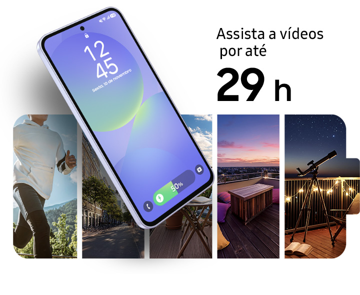 Vemos um Galaxy A36 5G com a tela de bloqueio visível. No fundo, uma pessoa correndo, uma paisagem urbana, um terraço ao pôr do sol e um telescópio apontado para o céu noturno. Texto ""Assista a vídeos por até 29 horas"" aparece no canto superior direito.