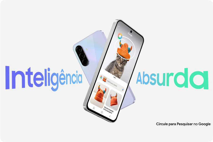 Vemos dois aparelhos Galaxy A36 5G formando um X. O dispositivo traseiro exibe a parte traseira, enquanto o frontal mostra a tela com o Circule para Pesquisar ativado. P texto  "Inteligência Absurda" aparece visível. Na parte inferior direita, vemos o texto Circule para Pesquisar no Google.