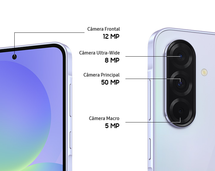 Vemos dois aparelhos Galaxy A36 5G que exibem suas câmeras. A câmera frontal destaca a Câmera Frontal de 12 MP. Na parte traseira, são mostradas as câmeras Ultra-Wide de 8 MP, Principal de 50 MP e Macro de 5 MP.