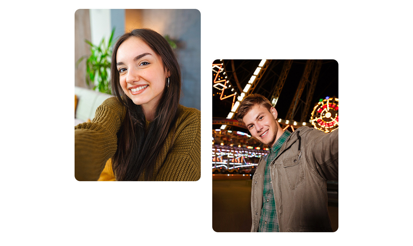 Vemos uma selfie de uma mulher em ambiente interno e uma selfie de um homem ao ar livre à noite. Vemos uma mulher sentada dentro de casa, lendo perto de uma janela. Uma linha divide a tela ao meio, comparando uma foto em baixa luz, à esquerda, com uma foto em alta luz, à direita.