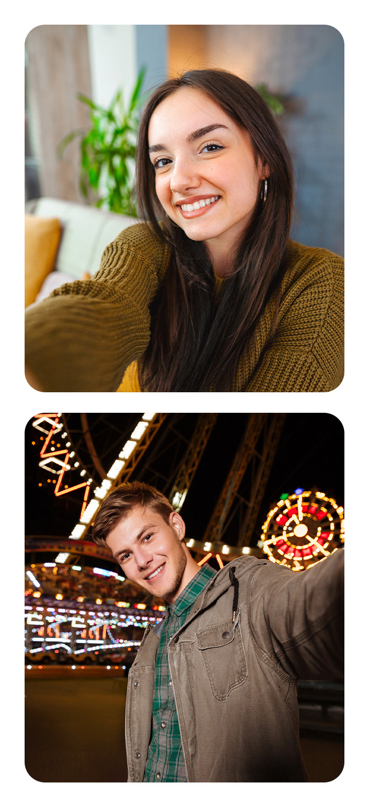 Vemos uma selfie de uma mulher em ambiente interno e uma selfie de um homem ao ar livre à noite. Vemos uma mulher sentada dentro de casa, lendo perto de uma janela. Uma linha divide a tela ao meio, comparando uma foto em baixa luz, à esquerda, com uma foto em alta luz, à direita.