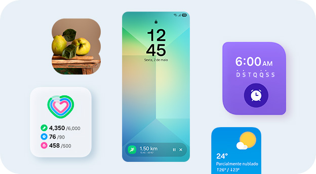 Vemos uma tela de bloqueio de smartphone exibindo o Rastreador de Corrida no Samsung Health, na Now Bar, na parte inferior da tela, com widgets de Galeria, Atividade Diária, Alarme e Clima ao redor. 