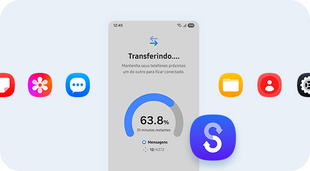 Vemos um smartphone exibindo o processo de transferência de dados. Ícones coloridos de aplicativos aparecem ao redor do aparelho, junto com o logotipo do Smart Switch.