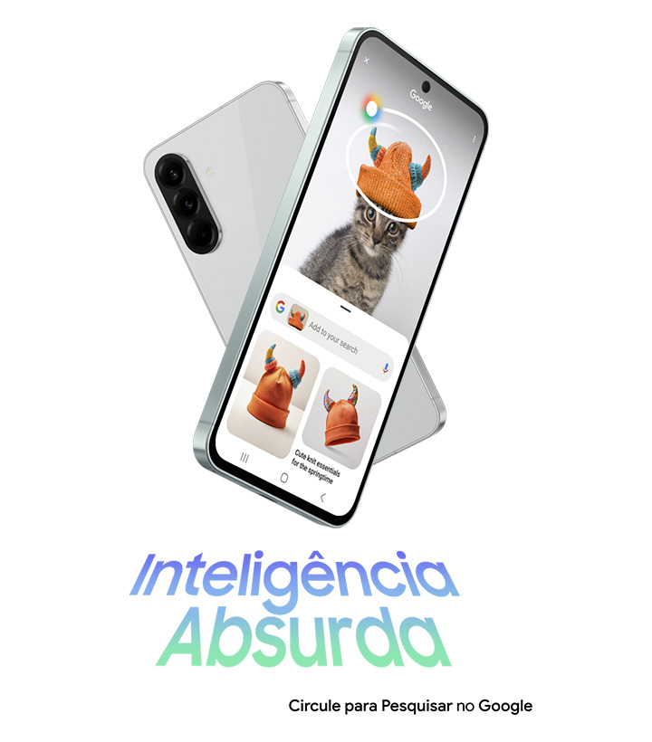 Vemos dois dispositivos Galaxy A56 5G formando um &ldquo;X&rdquo;. O aparelho de tr&aacute;s est&aacute; exibido na parte traseira, enquanto o da frente mostra a tela com o recurso Circule para Pesquisar ativado. Os textos "Intelig&ecirc;ncia Absurda" e "Circule para Pesquisar no Google" aparecem na tela.