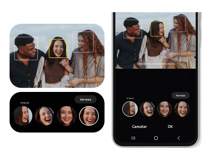 &Agrave; esquerda, vemos a GUI do recurso Best Face. &Agrave; direita, vemos parte do Galaxy A56 5G com o recurso Best Face na tela. Cada rosto de tr&ecirc;s pessoas est&aacute; em uma caixa com o texto "Selecione seu rosto favorito abaixo".