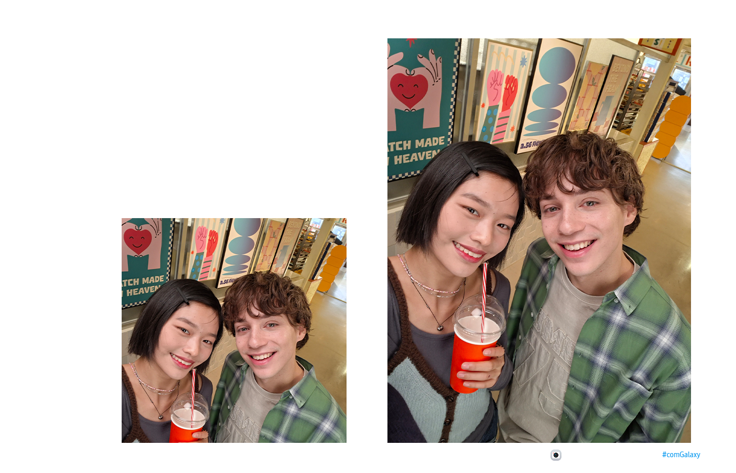 Vemos duas pessoas sorrindo em um cen&aacute;rio com fundo casual. A pessoa &agrave; esquerda est&aacute; segurando um copo de caf&eacute; descart&aacute;vel. O &acirc;ngulo indica que est&atilde;o tirando uma selfie. Na parte inferior, h&aacute; um &iacute;cone de c&acirc;mera com o texto "Capturado com Galaxy A56 5G #withGalaxy"