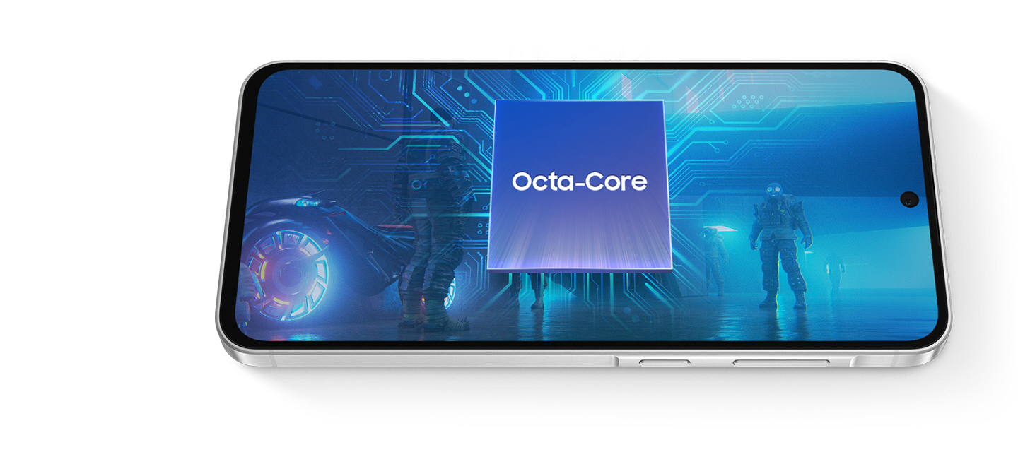 Vemos um Galaxy A56 5G posicionado horizontalmente. Um quadrado est&aacute; acima da tela com o texto Octa-Core para indicar o processador. Cena futurista na tela.