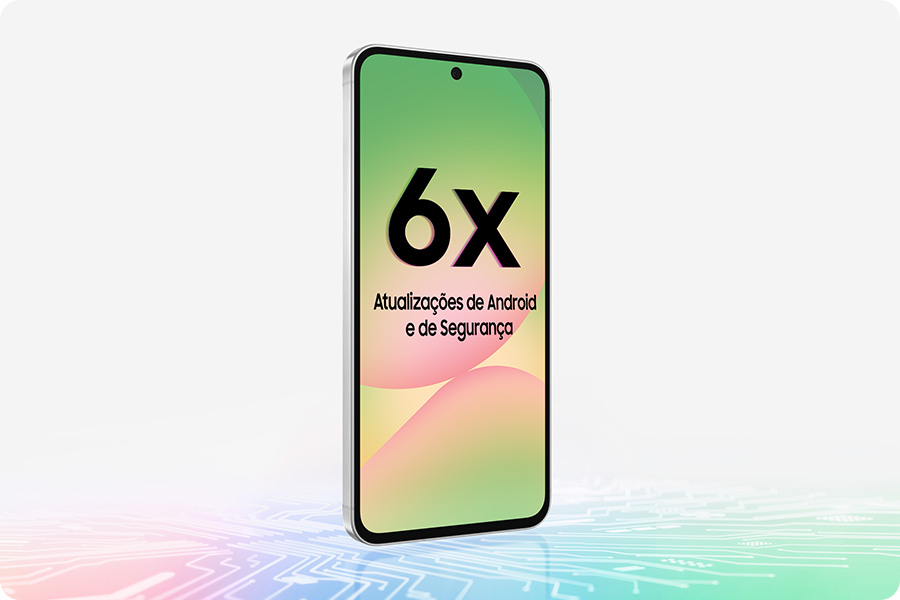 Vemos dois aparelhos Galaxy A36 5G formando um X. O dispositivo traseiro exibe a parte traseira, enquanto o frontal mostra a tela com o Circule para Pesquisar ativado. P texto  "Intelig&ecirc;ncia Absurda" aparece vis&iacute;vel. Na parte inferior direita, vemos o texto Circule para Pesquisar no Google.