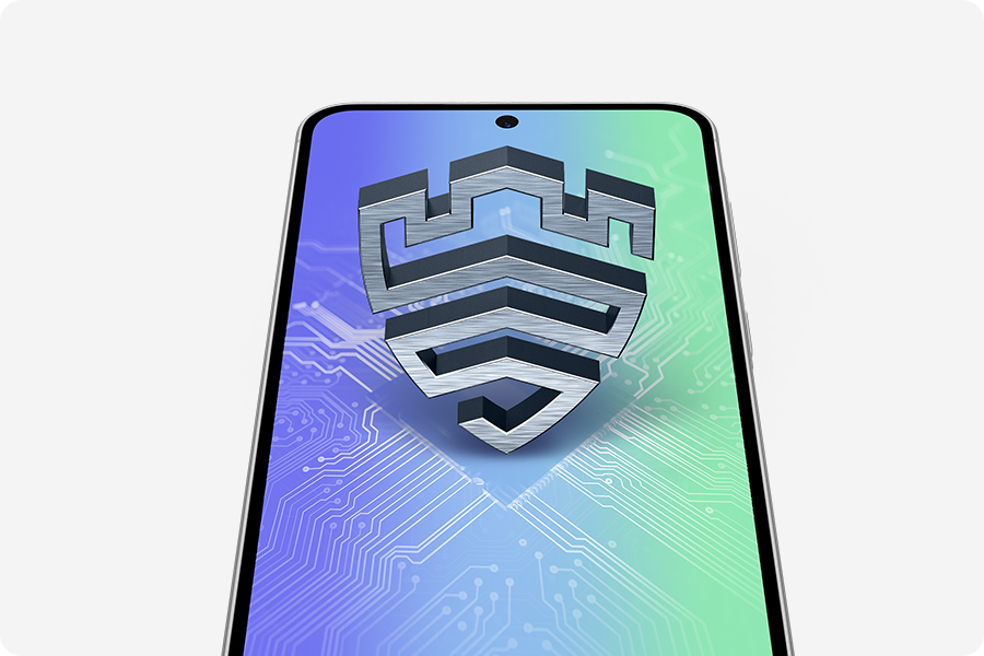 Vemos um Galaxy A56 5G colocado verticalmente voltado para a frente, ligeiramente inclinado. O ícone do Samsung Knox Vault está na vertical na tela. A tela ilustra o interior de um smartphone com um processador no meio.