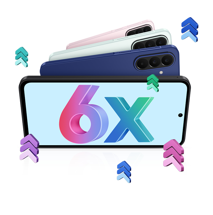 Tr&ecirc;s aparelhos Galaxy A27 5G em diferentes cores s&atilde;o exibidos pelo &acirc;ngulo traseiro, sobrepostos entre si. Outro Galaxy A27 5G aparece de frente em modo paisagem com o texto "6x" na tela, destacando que o Galaxy A27 5G oferece at&eacute; 6 atualiza&ccedil;&otilde;es de sistema operacional e 6 anos de atualiza&ccedil;&otilde;es de seguran&ccedil;a.