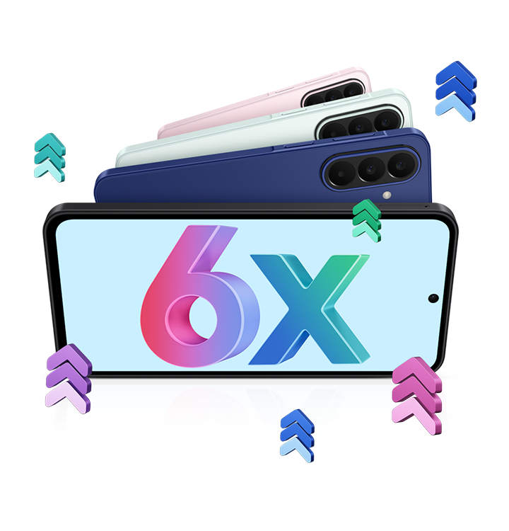 Tr&ecirc;s aparelhos Galaxy A27 5G em diferentes cores s&atilde;o exibidos pelo &acirc;ngulo traseiro, sobrepostos entre si. Outro Galaxy A27 5G aparece de frente em modo paisagem com o texto "6x" na tela, destacando que o Galaxy A27 5G oferece at&eacute; 6 atualiza&ccedil;&otilde;es de sistema operacional e 6 anos de atualiza&ccedil;&otilde;es de seguran&ccedil;a.