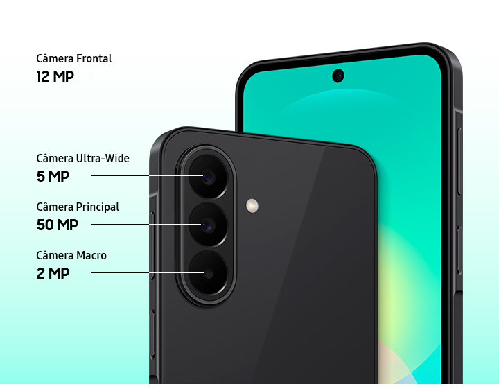 Close do sistema de Câmera Tripla na traseira do Galaxy A27 5G na cor Preta e close da câmera frontal. O Galaxy A27 5G conta com uma Câmera Principal de 50 MP, uma Câmera Ultra-Wide de 5 MP e uma Câmera Macro de 2 MP na parte de trás, além de uma Câmera Frontal de 12 MP.
