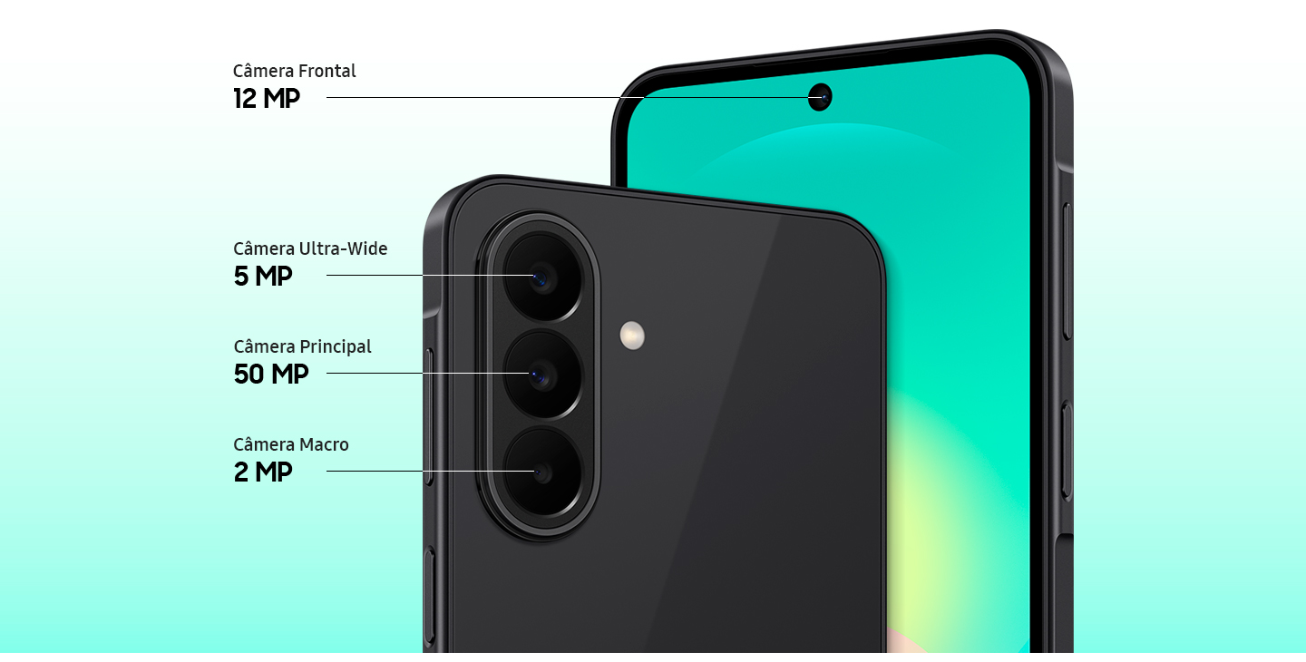 Close do sistema de Câmera Tripla na traseira do Galaxy A27 5G na cor Preta e close da câmera frontal. O Galaxy A27 5G conta com uma Câmera Principal de 50 MP, uma Câmera Ultra-Wide de 5 MP e uma Câmera Macro de 2 MP na parte de trás, além de uma Câmera Frontal de 12 MP.