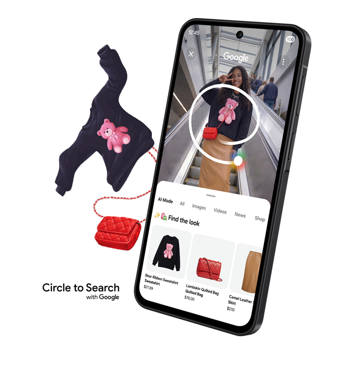 Um Galaxy A27 5G é exibido de frente, em modo retrato, com uma jovem na tela e um círculo desenhado sobre duas peças de sua roupa usando o Circule para Pesquisar no Google. As duas peças, uma bolsa e um suéter, aparecem nos resultados de pesquisa abaixo e parecem saltar para fora da tela. Circule para Pesquisar no Google.