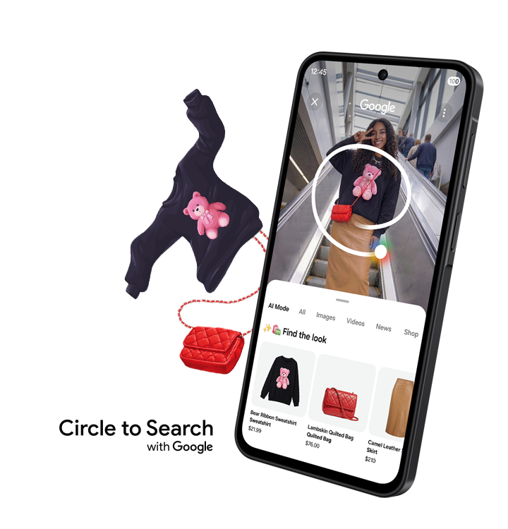 Um Galaxy A27 5G é exibido de frente, em modo retrato, com uma jovem na tela e um círculo desenhado sobre duas peças de sua roupa usando o Circule para Pesquisar no Google. As duas peças, uma bolsa e um suéter, aparecem nos resultados de pesquisa abaixo e parecem saltar para fora da tela. Circule para Pesquisar no Google.