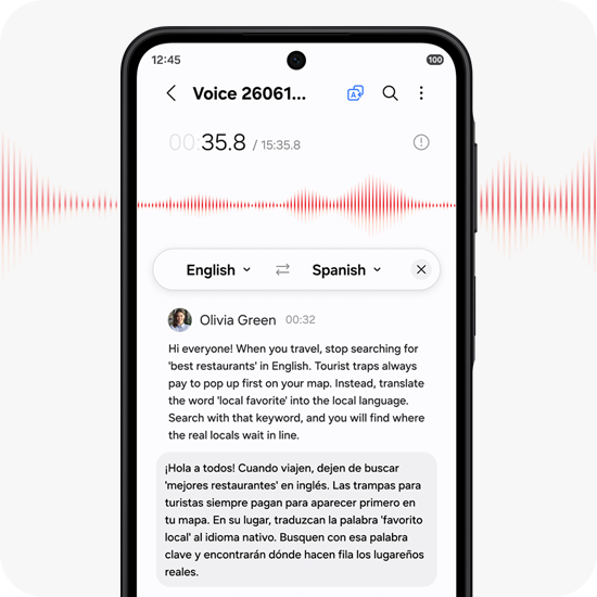 Um Galaxy A27 5G exibe uma transcri&ccedil;&atilde;o de voz das dicas de viagem de Olivia para encontrar restaurantes e acomoda&ccedil;&otilde;es locais escondidos, traduzida do ingl&ecirc;s para o espanhol. O texto diz: "Ol&aacute; a todos! Quando viajar, pare de procurar por 'melhores restaurantes' em ingl&ecirc;s. Os pontos tur&iacute;sticos sempre aparecem primeiro no mapa. Em vez disso, traduza a express&atilde;o 'favorito dos moradores' para o idioma local. Pesquise por essa express&atilde;o e voc&ecirc; encontrar&aacute; os lugares onde os moradores realmente fazem fila."