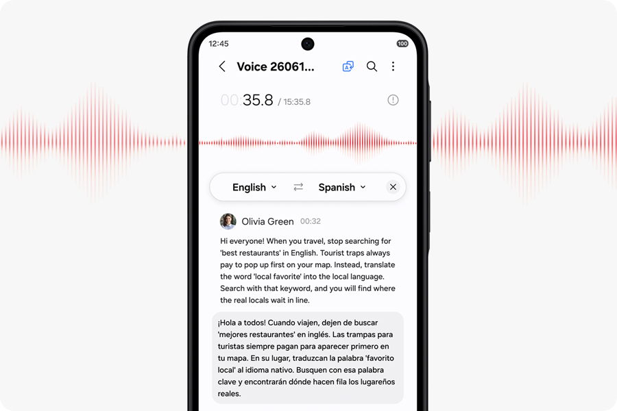 Um Galaxy A27 5G exibe uma transcri&ccedil;&atilde;o de voz das dicas de viagem de Olivia para encontrar restaurantes e acomoda&ccedil;&otilde;es locais escondidos, traduzida do ingl&ecirc;s para o espanhol. O texto diz: "Ol&aacute; a todos! Quando viajar, pare de procurar por 'melhores restaurantes' em ingl&ecirc;s. Os pontos tur&iacute;sticos sempre aparecem primeiro no mapa. Em vez disso, traduza a express&atilde;o 'favorito dos moradores' para o idioma local. Pesquise por essa express&atilde;o e voc&ecirc; encontrar&aacute; os lugares onde os moradores realmente fazem fila."