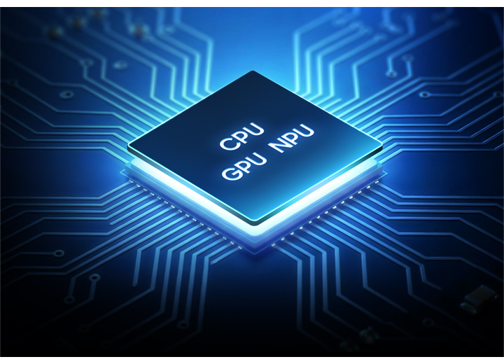 Um chip de processador representando a CPU, GPU e NPU do Galaxy A27 5G é exibido integrado a uma grade.