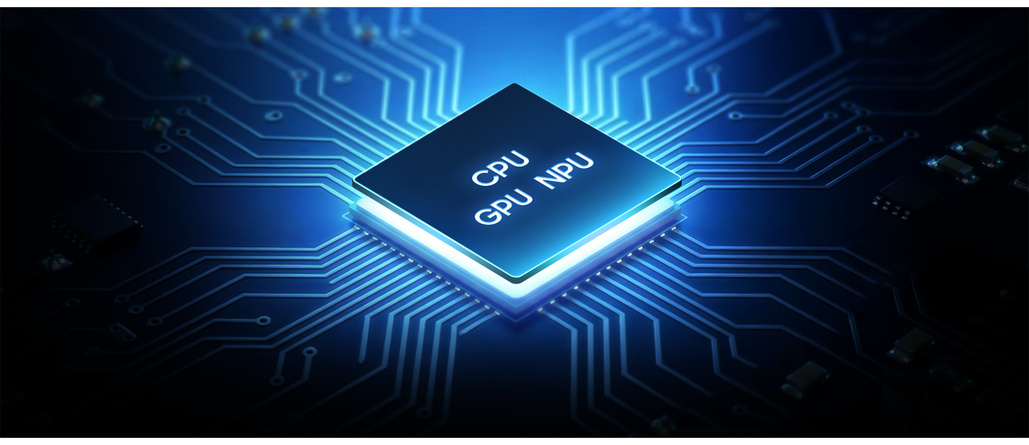 Um chip de processador representando a CPU, GPU e NPU do Galaxy A27 5G é exibido integrado a uma grade.
