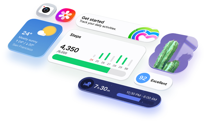 Diversos ícones de aplicativos e widgets da interface One UI 8.5 aparecem organizados em uma grade, destacando sua aparência intuitiva.
