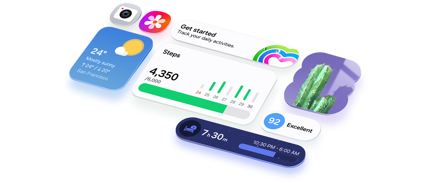 Diversos ícones de aplicativos e widgets da interface One UI 8.5 aparecem organizados em uma grade, destacando sua aparência intuitiva.