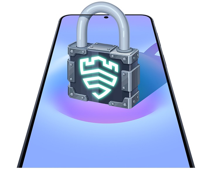 Um Galaxy A27 5G é exibido de frente, em modo retrato, com o ícone do Samsung Knox Vault em forma de cadeado na tela, destacando a proteção integrada do Samsung Knox para privacidade e segurança dos dados.