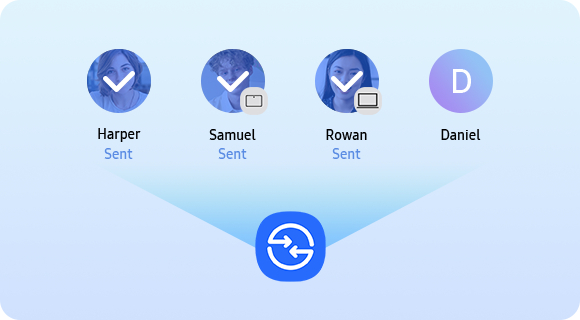O ícone do Quick Share é exibido junto com uma lista de quatro destinatários, com fotos de perfil, nomes e dispositivos. O status de envio aparece abaixo dos três primeiros destinatários.
