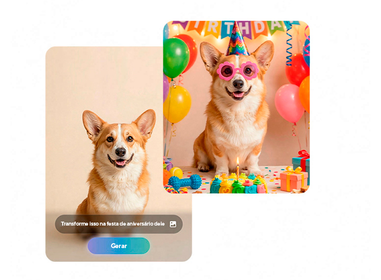 Uma foto de um Welsh Corgi exibe o prompt Transforme em uma festa de aniversário e o botão Gerar. A imagem resultante do Corgi em um cenário de festa de aniversário é exibida.