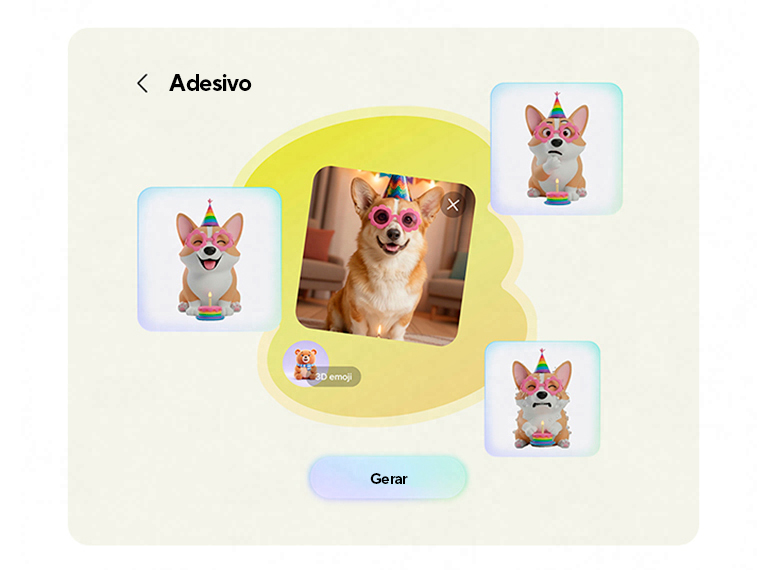 Uma foto de um cachorro usando óculos de sol foi usada para criar um pacote de figurinhas com várias emoções no Estúdio Criativo.