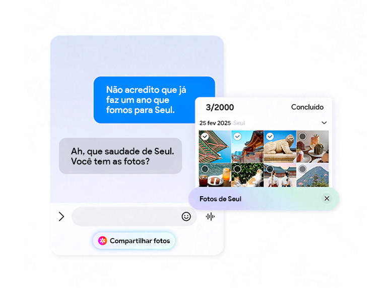 Durante uma conversa por mensagem, alguém pede fotos de uma viagem a Seul. O Now Nudge sugere o botão Compartilhar fotos. Ao tocar, aparece uma barra de busca com as palavras-chave “fotos Seul” e um pop-up da Galeria com imagens relevantes.