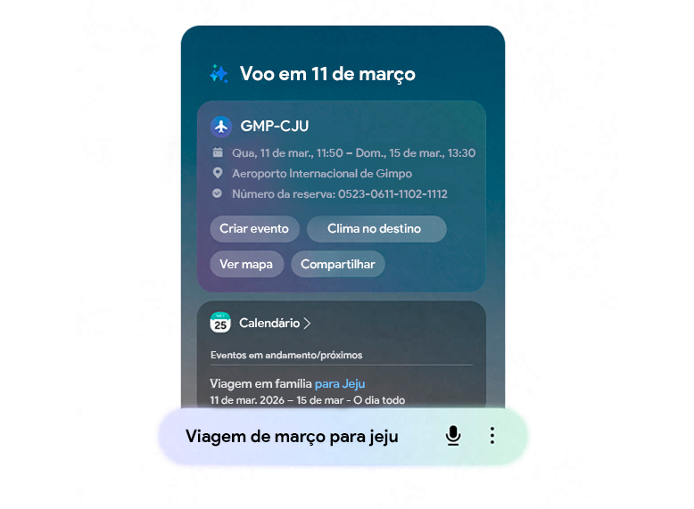 A tela inicial do Galaxy S26 Ultra aparece. O Finder é aberto a partir da tela inicial. O usuário digita na barra de busca “viagem de março para Jeju”. Em seguida, os detalhes do voo aparecem em um card fácil de ler, com ações como Criar evento, Clima no destino, Ver mapa e Compartilhar. 