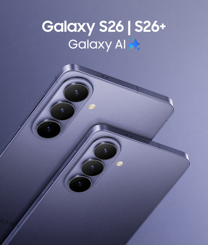 Close up of the corner of Galaxy S26 Ultra in Cobalt Violet, showing camera lenses with a S Pen placed in front of the device. Galaxy AI