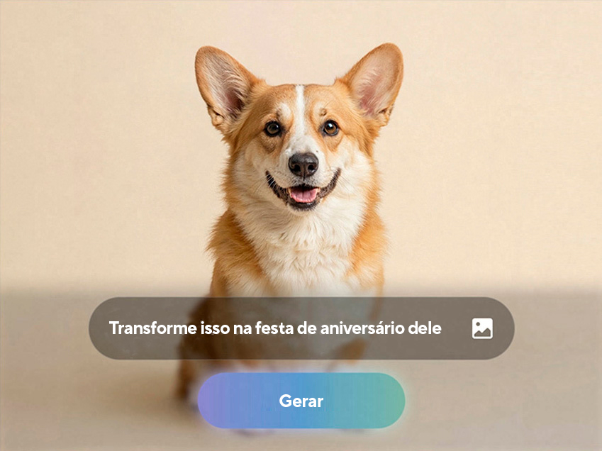 Uma foto de um cachorro aparece. Na fun&ccedil;&atilde;o Foto Inteligente, o usu&aacute;rio descreve o que quer mudar com um comando em texto. Ap&oacute;s digitar &ldquo;Transforme isso na festa de anivers&aacute;rio dele&rdquo;, o bot&atilde;o "Gerar" &eacute; acionado. O Galaxy AI transforma a foto, adicionando acess&oacute;rios e elementos tem&aacute;ticos de anivers&aacute;rio no cachorro e ao redor dele.
