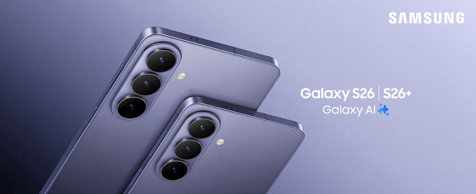 Close up of the corner of Galaxy S26 Ultra in Cobalt Violet, showing camera lenses with a S Pen placed in front of the device. Galaxy AI