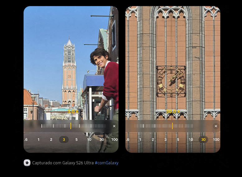 Uma foto está sendo capturada com zoom de 3x e de 30x. Independentemente de aproximar ou afastar, os detalhes permanecem nítidos com o Space Zoom.